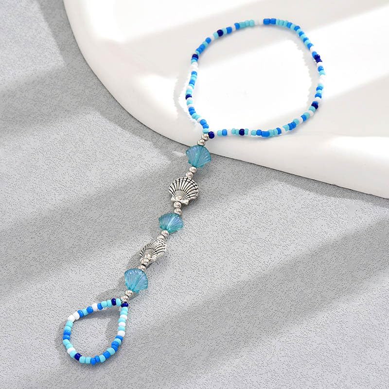 Bohemian Beaded Shell Anklet Barefoot Sandals Ocean Blue Seashell Beach Adjustable Ankle with Toe Ring for Women Dainty Foot Chains Jewelry