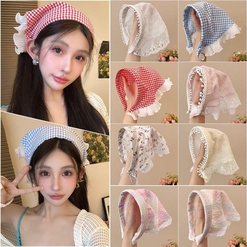 Women's Lace Bandana Headband, Vintage Gingham Triangle Scarf with Bow, French Retro Style for Boho Chic & Casual Outfits (24-Cherry blossom, One Size) - color: 24-Cherry blossom