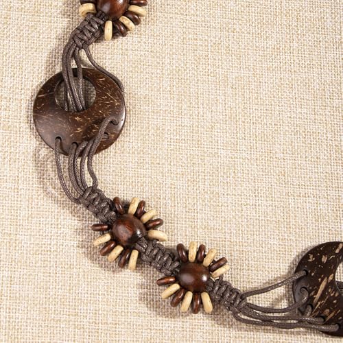 Women Braided Waist Belt Boho Woven Belt with Wooden Beads and Ring Clasp Vintage Long Tassel Rope Tie Belt for Dress - color: Brown 2