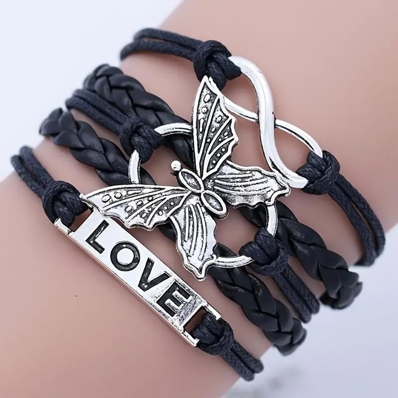 Angyape Butterfly Bracelet,Infinity Knot Love Adjustable Leather Bracelets Vintage Wrap Bohemian Multilayered Braided Bangles Wristband Wrist Bracelet Jewelry Gifts for Women/Men