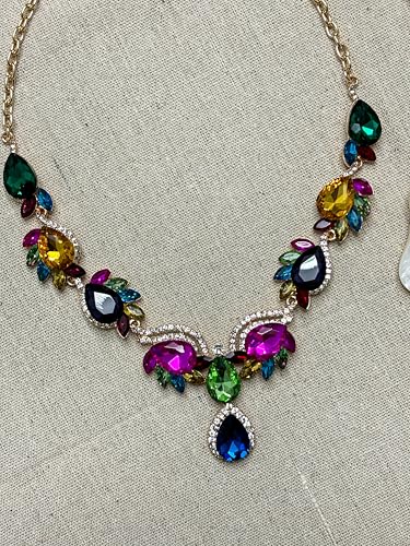 Women Jewelry Set Rhinestone Crystal Bride Statement Choker Necklace Teardrop Cluster Dangle Earrings Set for Wedding Prom Party - color: Colorful