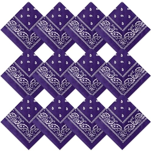 Suhine 12 Pcs Bandanas Bulk for Women Men 22 x 22 Inch Paisley Headband Cowboy Handkerchief Summer Beach Party Costume - color: Dull Purple
