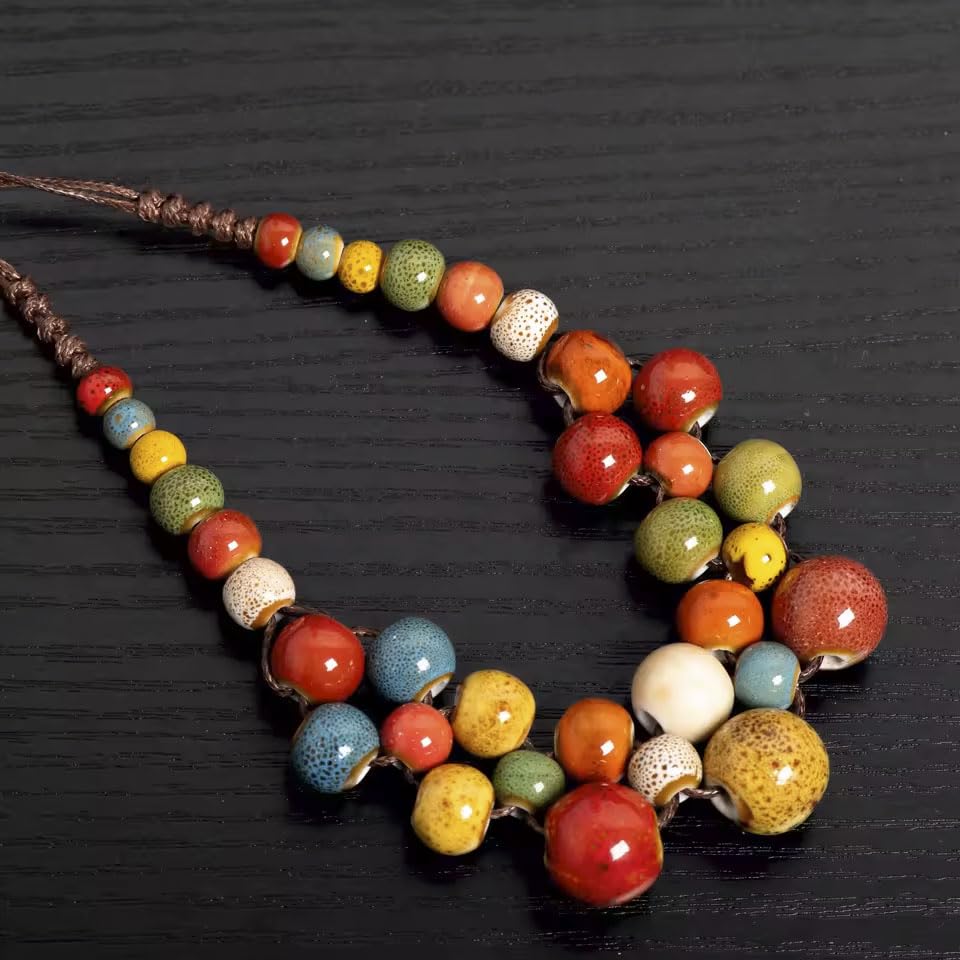 KURTCB Boho Hippie Ceramic Beaded Necklace Bracelet Colorful Statement Chunky Beads Strand Necklace Bracelet Thanksgiving Fall Autumn Jewelry for Women - style: Style 1