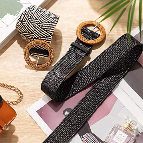 2 Pieces Women Straw Woven Elastic Stretch Waist Belt Skinny Dress Braided Waist Belt with Wooden Style Buckle - color: Black and Stripe Color