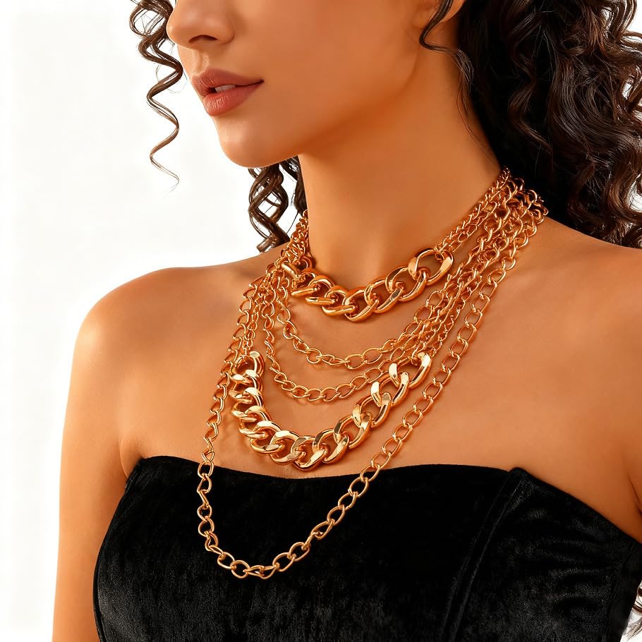 Layered Necklaces for Women Punk Chunky Gold Statement Necklaces Dainty Multi Layer Necklace Jewelry Accessories for Women - color: Gold