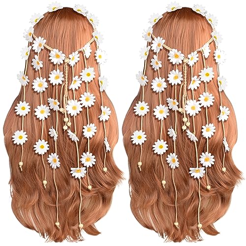 Sucrain 2pcs Flower Hippie Headband Floral Crown Summer Sunflower Hair Accessories for 70 s Bohemian Costumes Style for Women(White+White) - color: White+White
