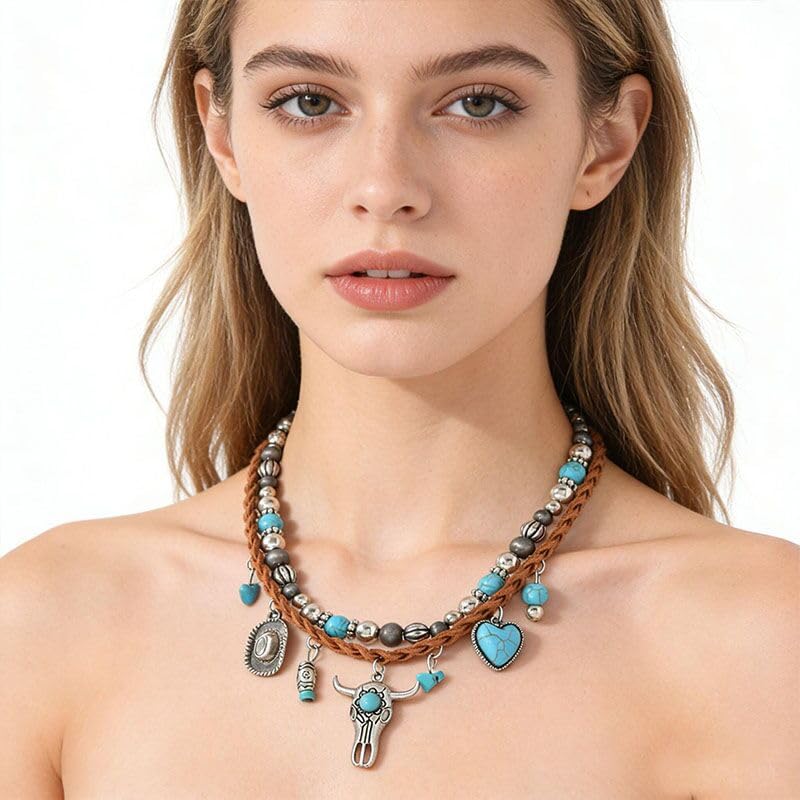 ONLYJUMP Boho Turquoise Leather Choker Necklace for Women Bohemian Handmade Leaf Layered Black Brown Suede Western Cowlady Necklace Western Country Party Jewelry Gifts - style: Ox heart