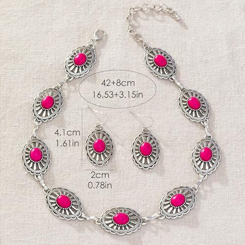 4 PCS Western Turquoise Jewelry for Women Boho Vintage Navajo Pearl Necklace Earring Bracelet Ring Set Country Cowgirl Accessories for Gift - color: L-Magenta