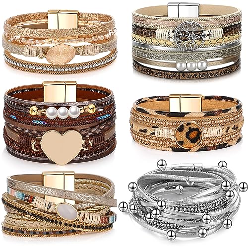 Yinkin 6 Pcs Boho PU Leather Wrap Bracelets for Women Stack Multi Layer Bohemian Cuff Bracelets trendy Jewelry Gifts - style: Novel