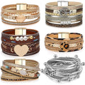 Yinkin 6 Pcs Boho PU Leather Wrap Bracelets for Women Stack Multi Layer Bohemian Cuff Bracelets trendy Jewelry Gifts - style: Novel