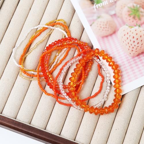 Caiyao Bohemian Multilayer Stackable Seed Beaded Bracelets Colorful Crystal Glass Beads Strand Bangle Bracelet BFF Wristbands Bracelet for Women Summer Beach Hawaii Jewelry Birthday Gifts - color: Orange