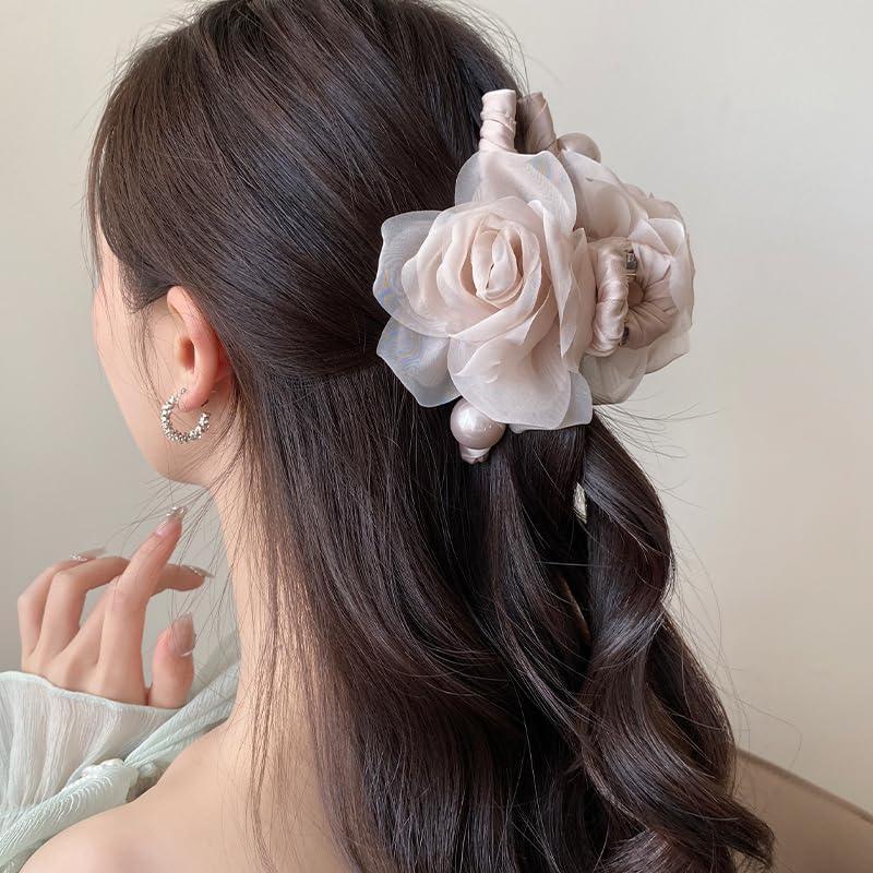 Large Chiffon Rose Flower Hair Claw Clips Boho Mesh Floral Hair Pins Barrettes Strong Hold Non-Slip Beach Vacation Hair Accessories for Women (Pink Large Chiffon Claw with Pearl) - color: Pink Large Chiffon Claw with Pearl