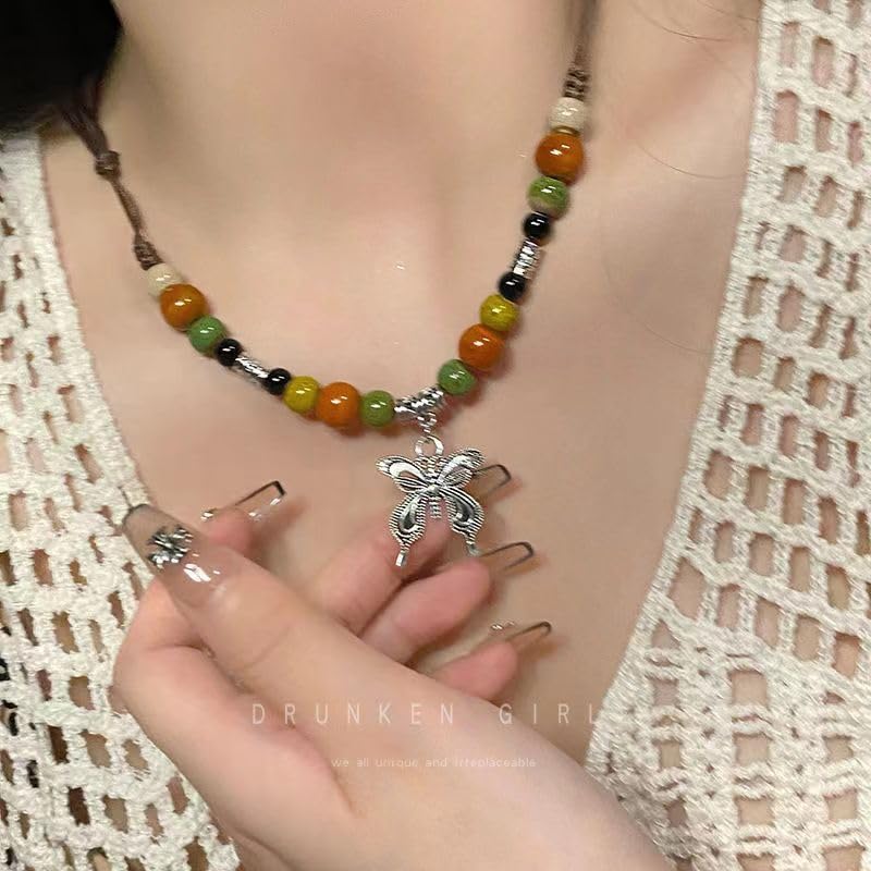 Boho Style Colorful Ceramic Bead Strand Necklace Adjustable Bohemian Jewelry Gift for Women, Fashion Clothing Matching Necklace - color: Orange