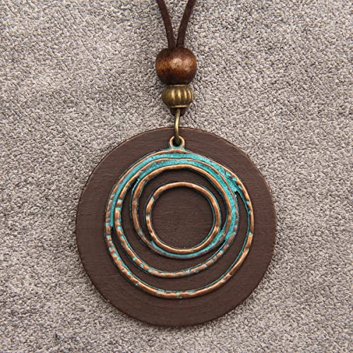 GelConnie Leather Cord Necklace Chain Multilayer Wooden Pendant Necklaces Vintage Jewelry Boho Long Sweater Necklace for Women Men - color: Circle Brown Leather Necklace