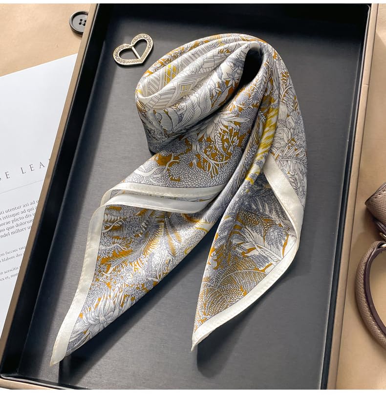 FEIBOON Mulberry Silk Scarfs Neck Scarf 21" Small Square Scarfs hair scarf bandana Neckerchief Headscarf for Women - color: Golden Grey
