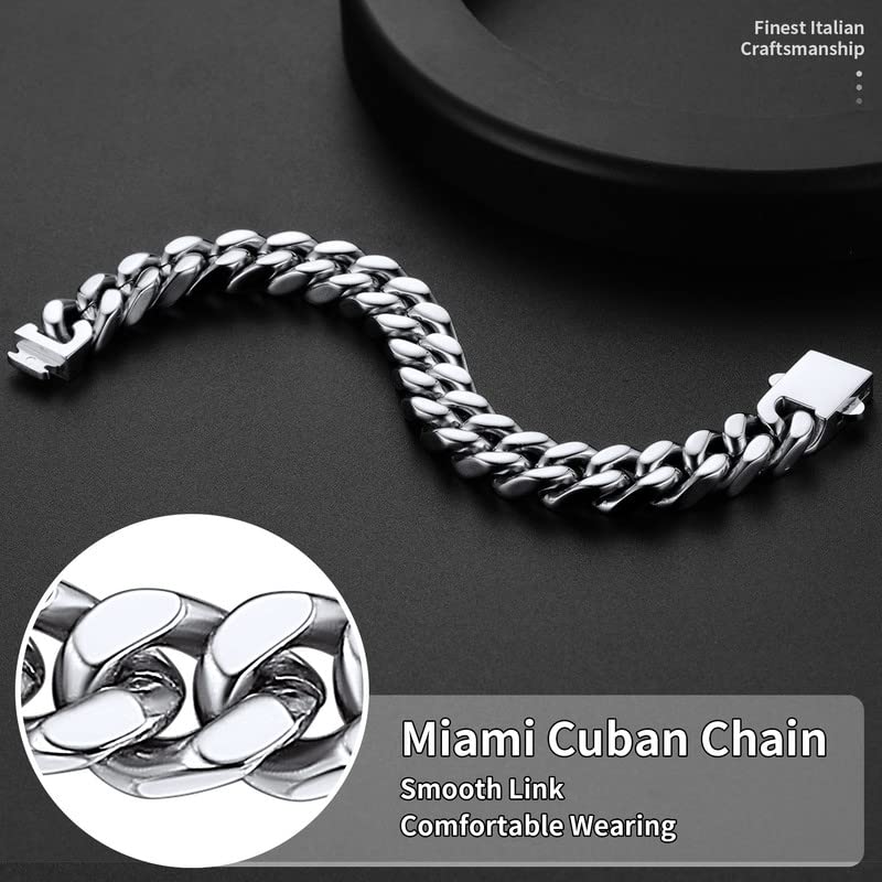 ChainsHouse Stainless Steel Cuban Link Bracelet for Men, 5mm/7mm/9mm/12mm Width, 7.5"/8.3"/9" Length, Black/18K Gold Plated Chain Wrist Bracelets for Men, with Gift Box - color: b. 12mm width-steel, size: 7.5 Inches
