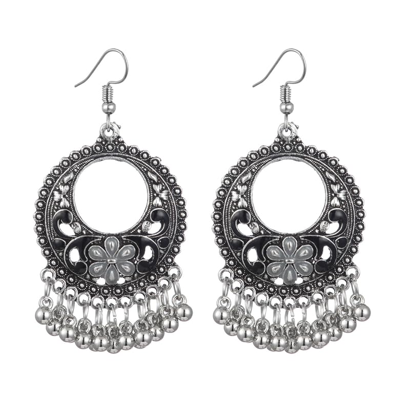 Vintage Boho Statement Drop Dangle Earrings for Women Bohemian Ethnic Handmade Beaded Charms Earring Bohemian Retro Chandelier Tassel Earrings Mexico Gypsy Jewelry Gift - color: O-Silver-Black