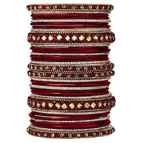 Aheli Ethnic Colorful Metal Bangles Chudha Set Stone Studded Bangle Set Indian Wedding Wear Fashion Jewelry Gift for Women Blue - color: Maroon