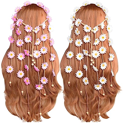 Sucrain 2pcs Flower Hippie Headband Floral Crown Summer Sunflower Hair Accessories for 70 s Bohemian Costumes Style for Women(White+Pink) - color: White+Pink