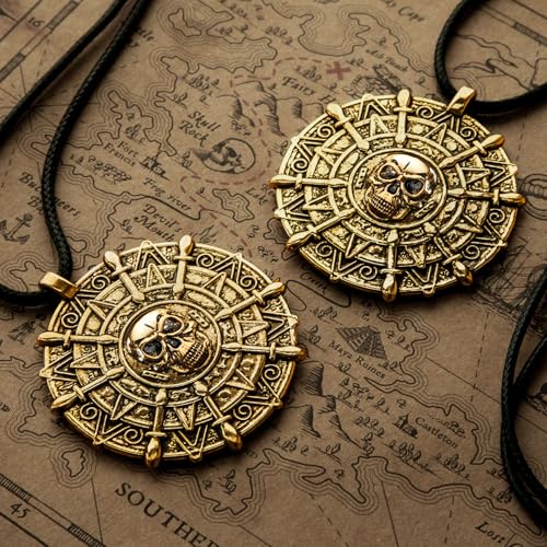 2PCS Pirate Coin Necklace,Pirate Skull Necklace for Kids,Halloween Costume Accessories for Pirate Party Cosplay