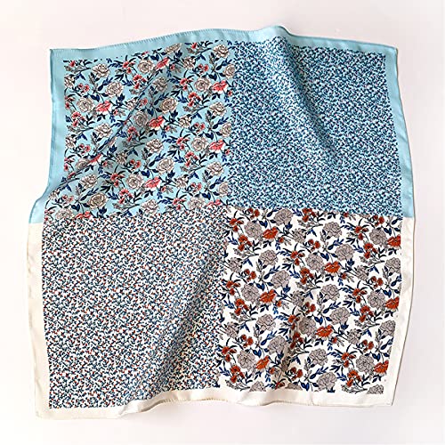 Aufeel Women's 100% Pure Mulberry Silk Small Square Scarf - Neckerchief Women - Silk Headscarf - 21" x 21" - color: Blue + White Floral