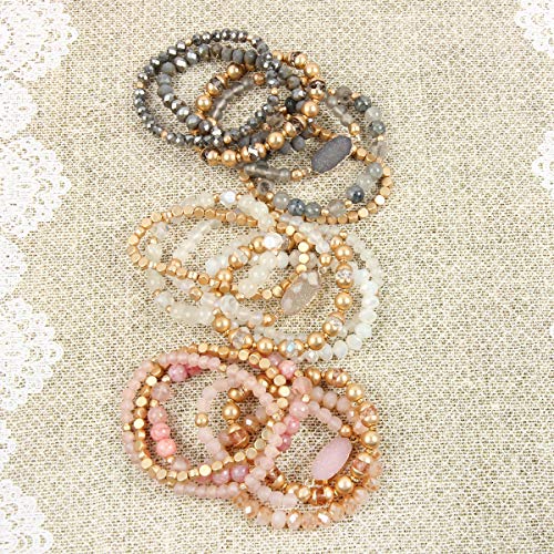 RIAH FASHION Bohemian Acrylic Druzy Multi-Layer Bead Statement Bracelet - Versatile Faux Stone Pendant Stretch Strand Stackable Cuff Bangle Set Sparkly Crystal - color: Bohemian Oval Druzy Set - Pink