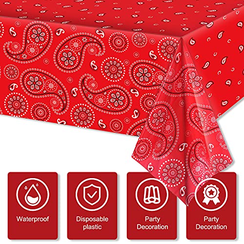 Western Party Tablecloth Paisley Table Cover Bandana Plastic Table Cloth Rectangle Floral Tablecloth for Western Cowboy Themed Party Decorations, 108 X 54 Inches (Red, 3 Pack) - color: Red