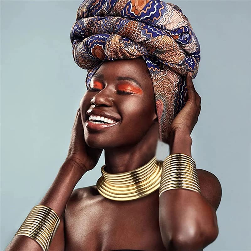 African Choker Collars Necklace,Snap Egypt Punk Gothic Chunky Leather Bib Statement Necklaces for Women and Girls - color: Gold Set