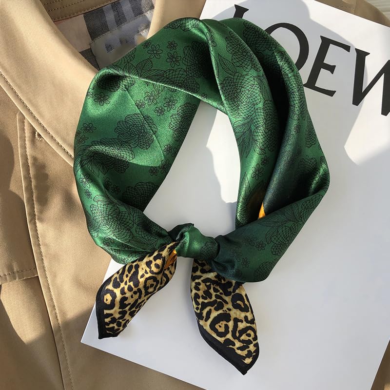 100% Mulberry Silk Neck Scarf 21''x21'' Small Square Hair Scarf for Women Men Lightweight Bandana Envelope Package - color: Leopard Print- Green
