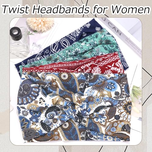 4 Pack Wide Women’s Headbands Boho Twist Turban Headband Non-Slip Elastic Workout Yoga Cross Hair Band Stretchy Hair Wrap Accessories for Girls - color: Bohemia-2