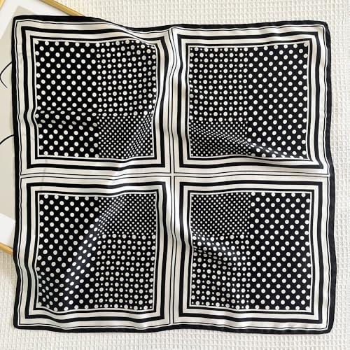 FONYVE 100% Mulberry Silk Scarfs for Women-Lightweight Square Satin Head Scarf-Small Silk Hair Scarf for Sleeping 21"x21" - color: 17 Black Polka Dot