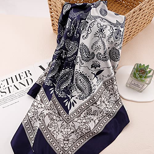 NZKNP Silk-Like Head Scarf - Women's Bandana Wraps - color: 24-navy and White, size: 35"*35"