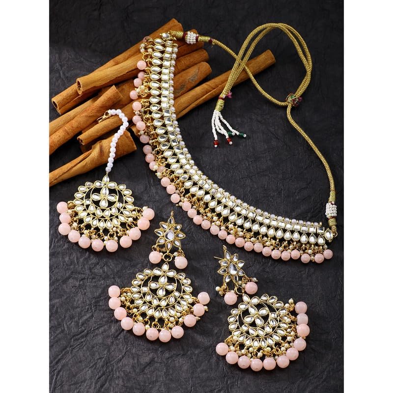 Aheli Faux Kundan Beaded Necklace Earrings Maang Tikka Indian Bollywood Ethnic Jewelry Set Gift for Women - color: Pink 2