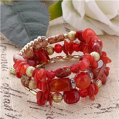 Women Beaded Bracelet Set | Colorful Boho Stackable Trendy Design with Crystal Accents Multilayer Bangle Bracelet | Fashion Stretch Braclets Jewelry for Women - color: Red.