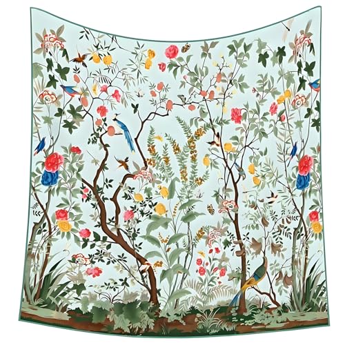 Premium Floral Scarf for Women 35x35 Square Silk Feel-Lightweight Scarves Headscarf Bandanas Wrapping Handbag - color: Vintage Chinese Flower Bird Blue Border