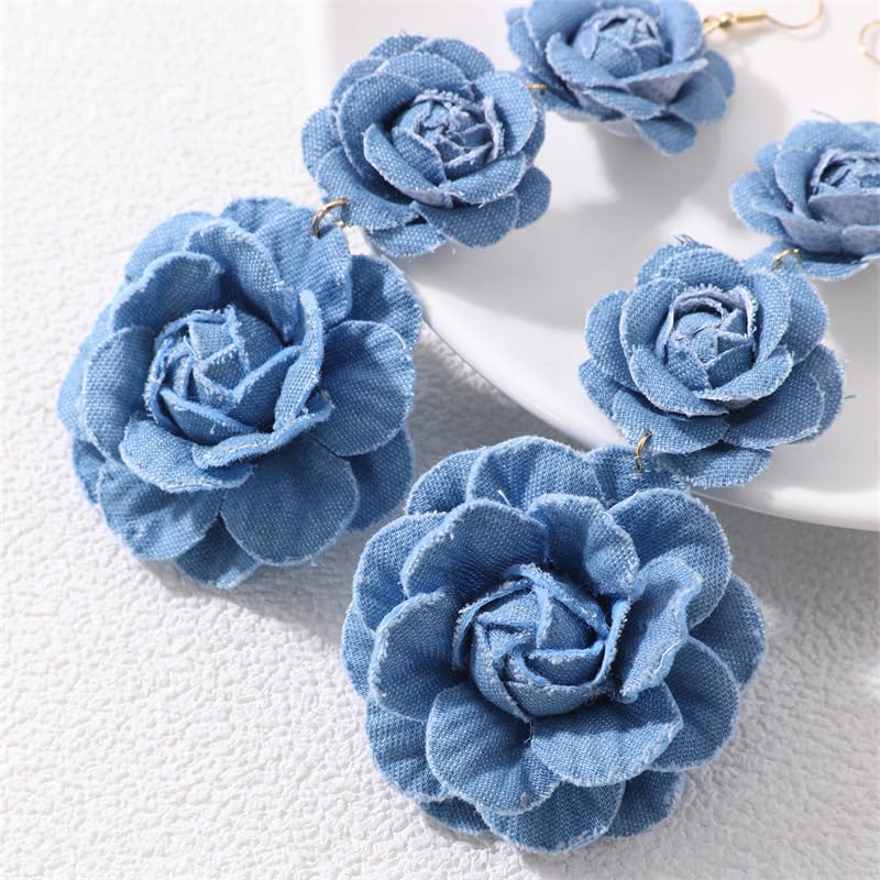 coadipress Boho Denim Camellia Flower Dangle Earrings for Women Exaggerated Big Layered Tiered Blossom Floral Drop Long Earring Chic Statement Earrings Wedding Bridal Jewelry Gifts - style: 3 Flowers