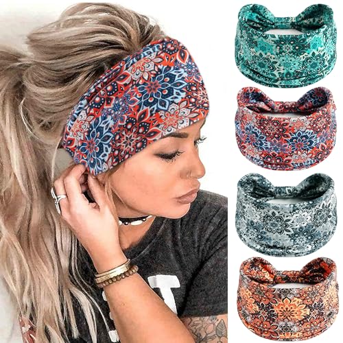 FULZTEY Wide Headbands Boho Head Bands for Women's Hair Fashion Floral Print Headwraps Elastic Thick Turban Workout Yoga Hairband Bandanas Cute Hair Accessories for Teen Girls 4Pcs - color: Style 79