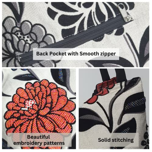 HCRAFT Embroidered Handbags for Women, Large Beads Flower Shoulder Tote Bag with Zipper Fabric Hobo Bags, Mother's Day Bag - color: Large Beads