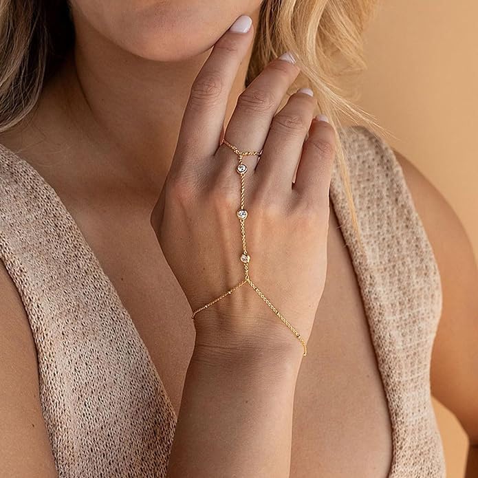 Dainty Gold Hand Chain Bracelet for Women Trendy,Ring Bracelet Hand Chain Bracelets Simple Finger Rings Slave Bracelets Boho Summer Beach Jewelry Accessories - color: Gold cz3