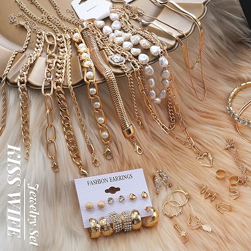 KISS WIFE Golden Jewelry Set for Women with Multi Layered Necklaces, Stackable Bracelets, Knuckle Rings, Hoop Earrings, Fashion Outfit Accessories Jewelry Packs Gifts for Women - style: Style 4