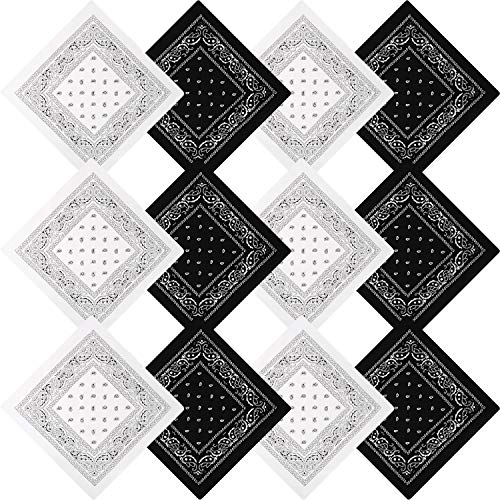 Blulu 12 Pack Neon Bandanas Bulk Multi Purpose Paisley Cowboy Bandanas for Men Women Headband Western Music Festival Rave - color: Black, White