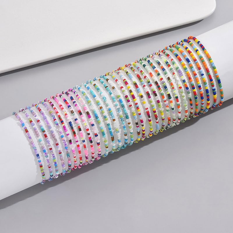 Caiyao 36Pcs Colorful Elastic Seed Beaded Bracelets Set Bohemia Multilayer Rainbow Beaded Stretch Bracelet Anklet Adjustable Glass Beads Wristbands for Women Summer Beach Boho Vaction Jewelry - style: StyleA 30pcs