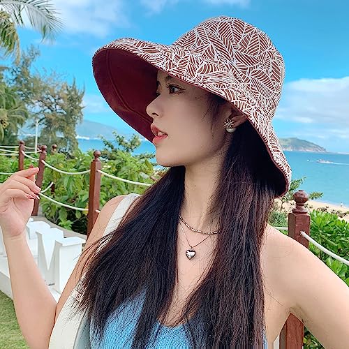 HUAMULAN Women Summer Sun Hat Wide Brim Wired Edge Floral Beach Bucket Hats Reversible Foldable Travel UV Protection Lady Hat - color: M2246-jiuhong