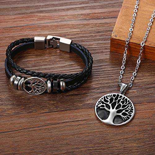 Cupimatch Men Tree of Life Symbol Pendant Necklace Leather Bracelet, Stainless Steel 22 inch Chian Jewelry Set (Black) for Father's Day - color: Black