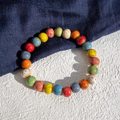 Handmade Multi-Color Faceted Ceramic Beads Bracelet for Women, Boho Stretch Bracelet with Oval Colorful Glazed Beads, Adjustable Bohemian Jewelry Gift for Mom Wife - color: colorful (8mm beads)