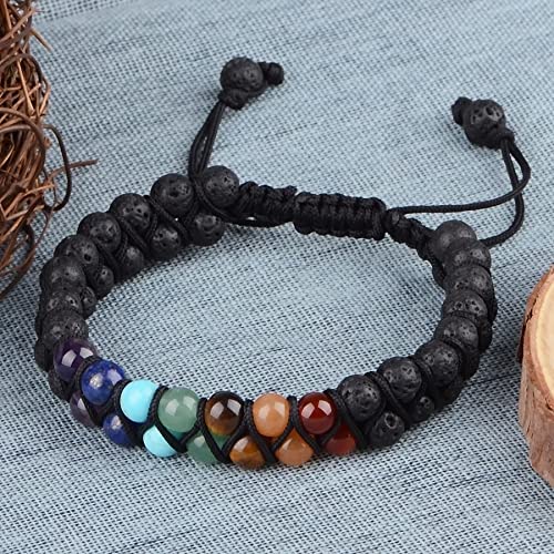 MASSIVE BEADS Double Layer Natural Chakra Healing Power Crystals Macrame Bracelet Yoga Stone Beads Gemstone Meditation Relax Anxiety Bangle for Unisex Women Men - color: 7-Chakras&Lava, size: 4mm