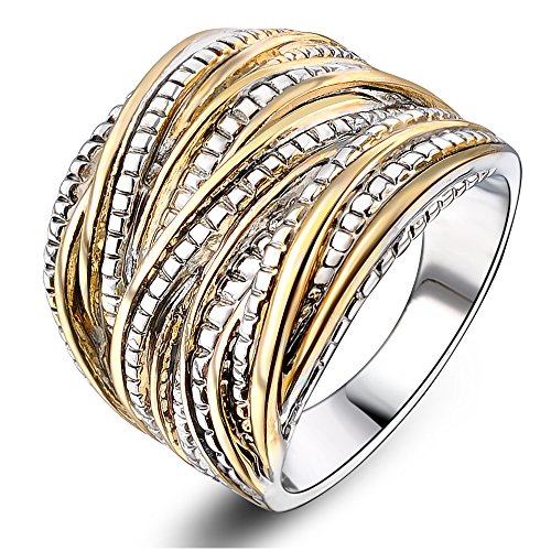 Mytys 2 Tone Intertwined Crossover Statement Ring Fashion Chunky Band Rings for Women Wide Index Finger Rings Costume Jewelry - color: Gold and silver