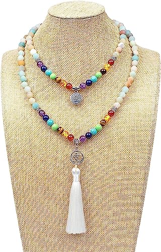 108 Mala Beads Necklace 7 Chakra Buddhist Prayer Beaded Bracelet Tree of Life Pendant Stone Yoga Necklace - color: Tassel-Amazonite