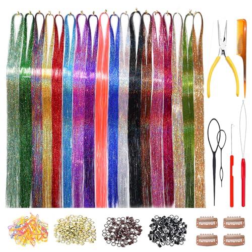 Hair Tinsel with Tools 18 Colors 47 Inch Heat Resistant Reusable Shiny Hair Tinsel Strands Complete Set for Women Girls Daily Wear Festival Party Cosplay Halloween Christmas Hair Accessories - color: 18 Colors+Tools+Pliers(Box), size: 47 Inch