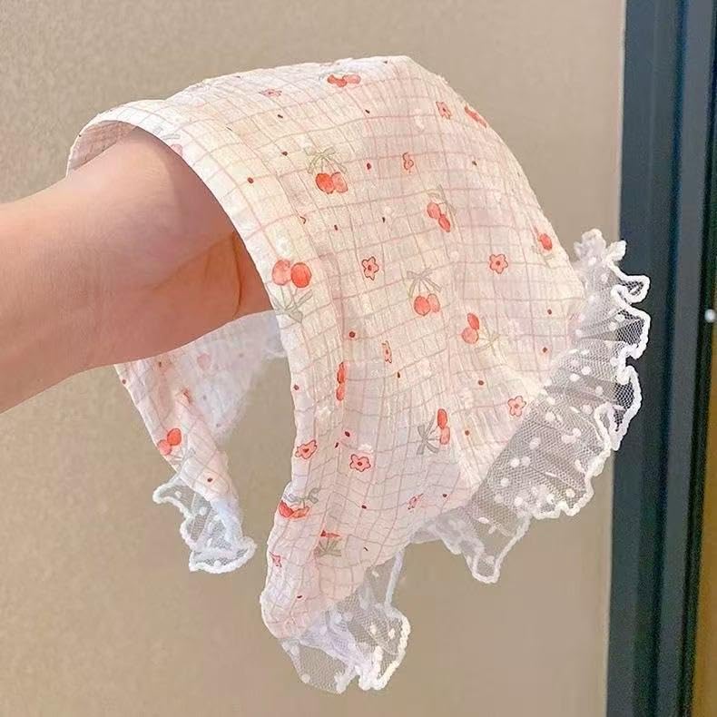 Women's Lace Bandana Headband, Vintage Gingham Triangle Scarf with Bow, French Retro Style for Boho Chic & Casual Outfits (24-Cherry blossom, One Size) - color: 24-Cherry blossom